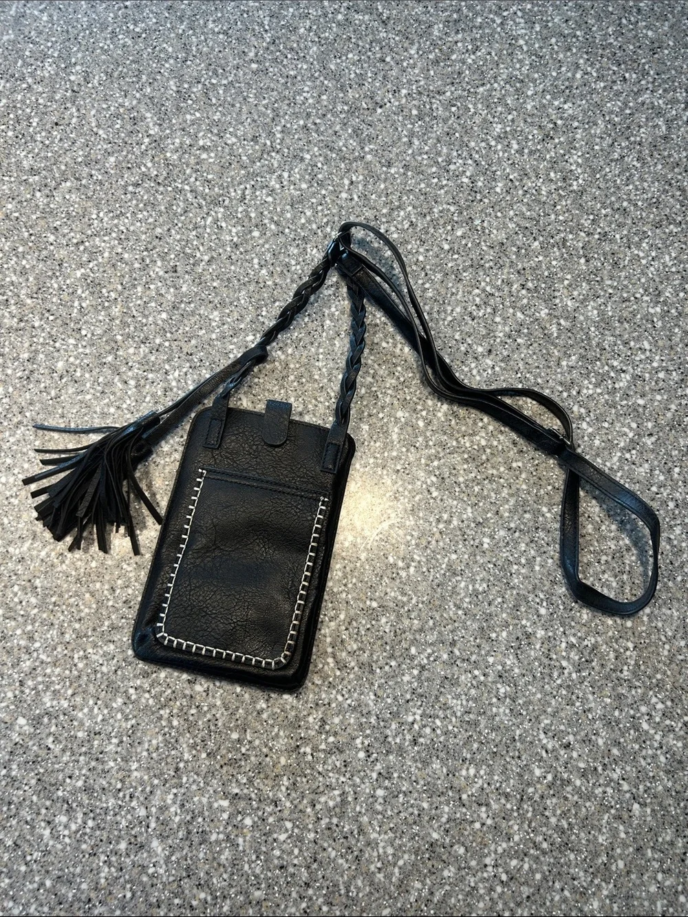 Slim Black Leather Crossbody Phone Pouch with Braided Tassel Strap